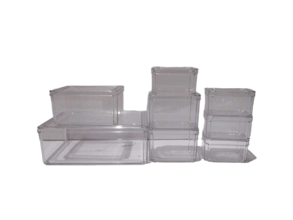 Storage Boxes Set Of 8 Clear Set Of 8 Storage Boxes Pet Material - Smallest 12,3x7,5x7cm 470ml X4 Pc, Small 14x9x10cm 900ml X2 Pc, Medium 19x14x10cm 1,9l, Big 30x20x11cm 5l - Weight: 1,82 Kg