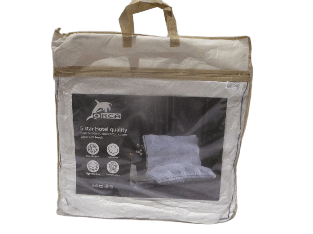 Pillow:100%cotton Pillow (Polyester 3d Hollow Fibre 1000grs) Fabric: 190fil/Cm2, 90x100 (Diam Fil : 40x40cm) 100g/M² 100% Cotton, Packing: Vacuum Handle Bag White W Double Piping Coffee Line 50x70