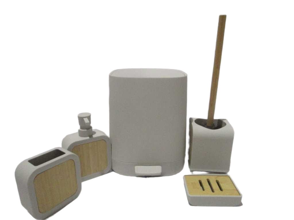 Bathroom Set Of 5 Set, Abs/Bamboo Bin+toilet Brush+dispenser+ Tooth Brush Holder+soap Holder Black Box No Beige 00153