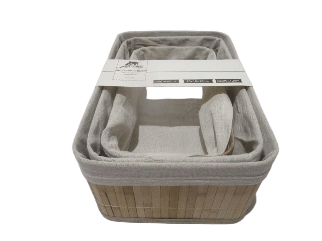 Basket Set Of 3 Bamboo With Banderole Bamboo And Linen 30x20x12 Cm 28x18x10 Cm 25x14x8 Cm