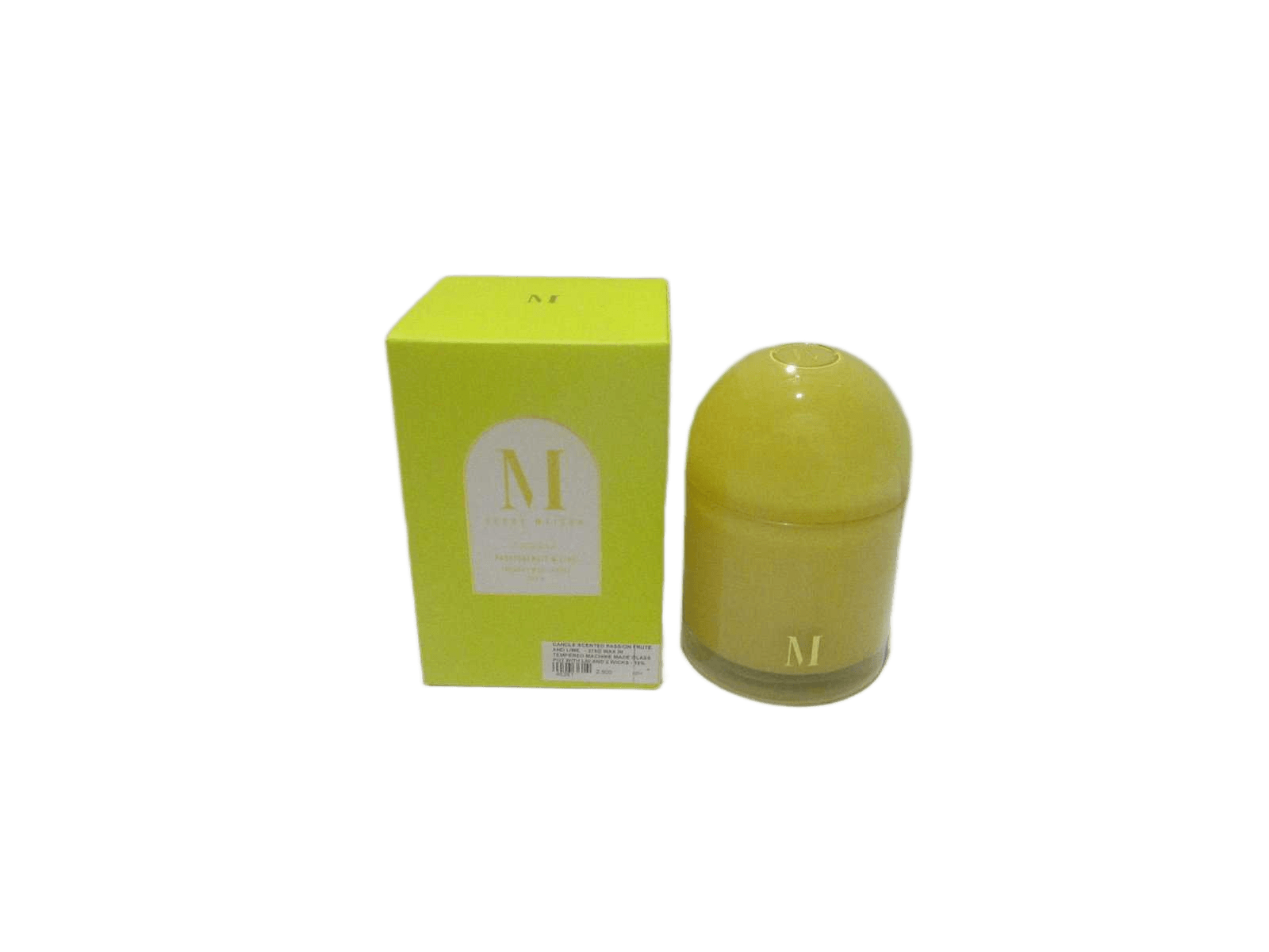 Candle Scented Passion Frute And Lime - 375g Wax In Tempered Machine Made Glass Pot With Lid And 2 Wicks - 10% Fragrance - Packaging In Coloured Card Board Box 400g Yellow