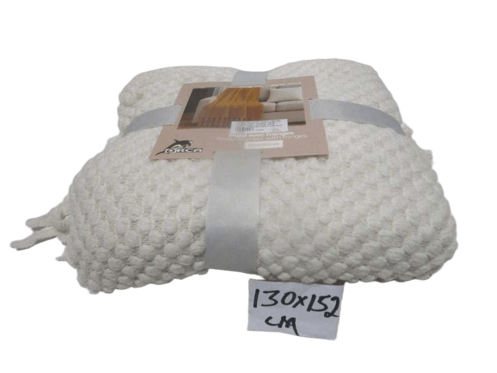 Throw Blanket, Inside 130x152, Up And Down Frange 10cm, Acrylic100%, 235gsm, With Color Card+silk Belt, Opp Bag White 130x170