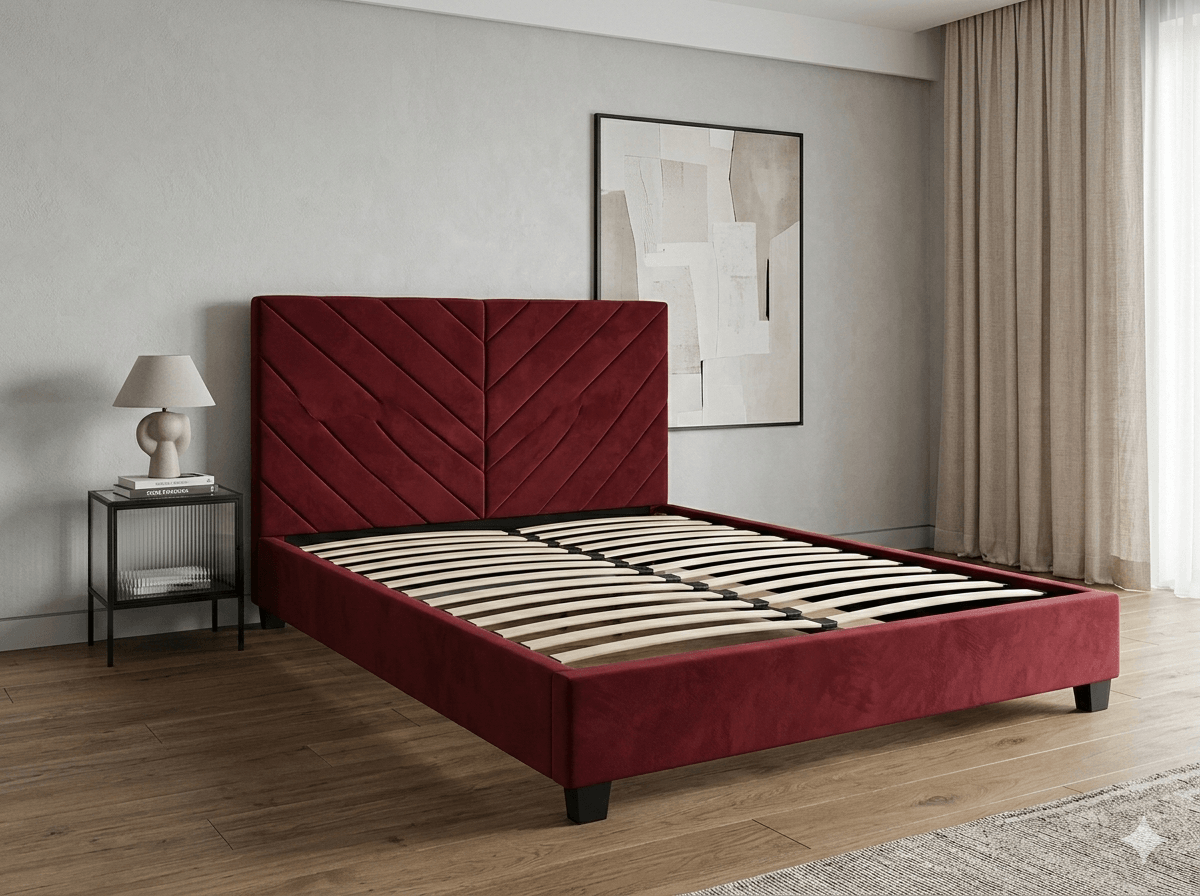 Queen Size Bed-Burgundy Mattress -1600x2000mm Whole Bed Cover In Velvet + Black Legs Without Storage Fuction