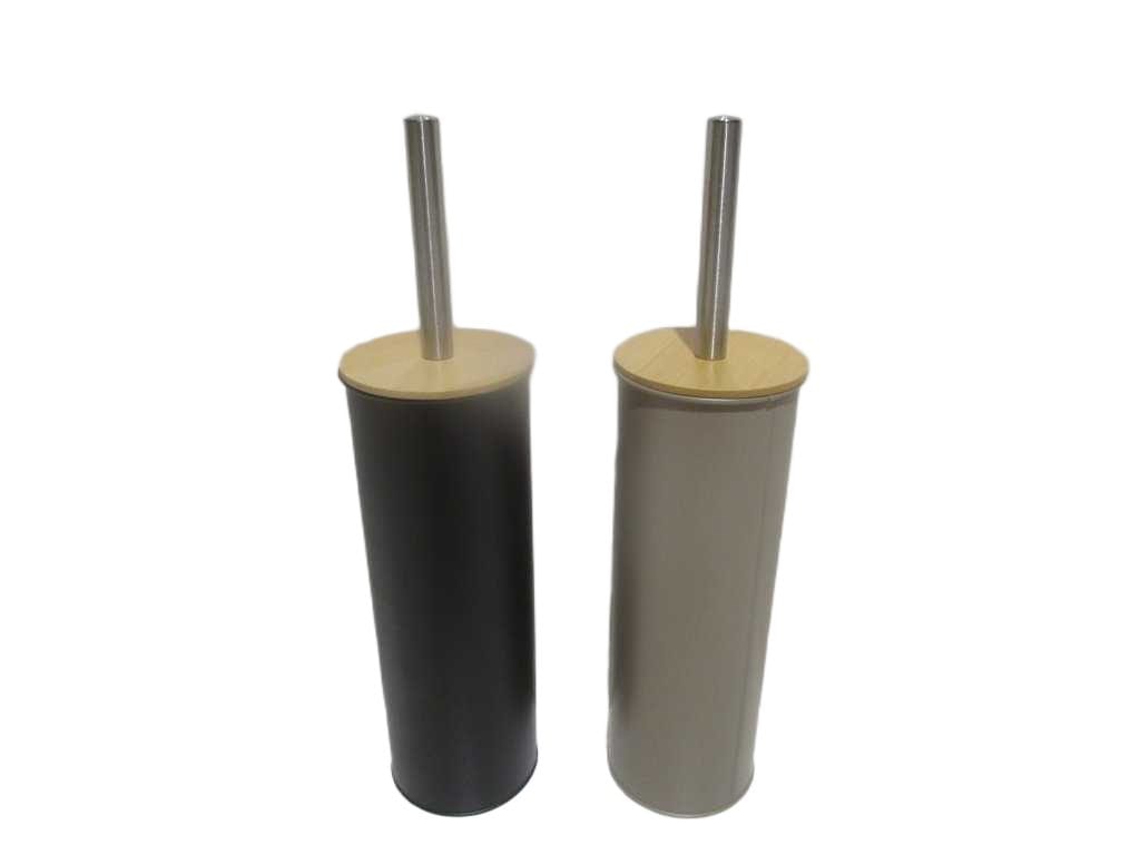 Toilet Brush Holder Taupe+black Iron+bamboo 9.6x9.6x38 Cm