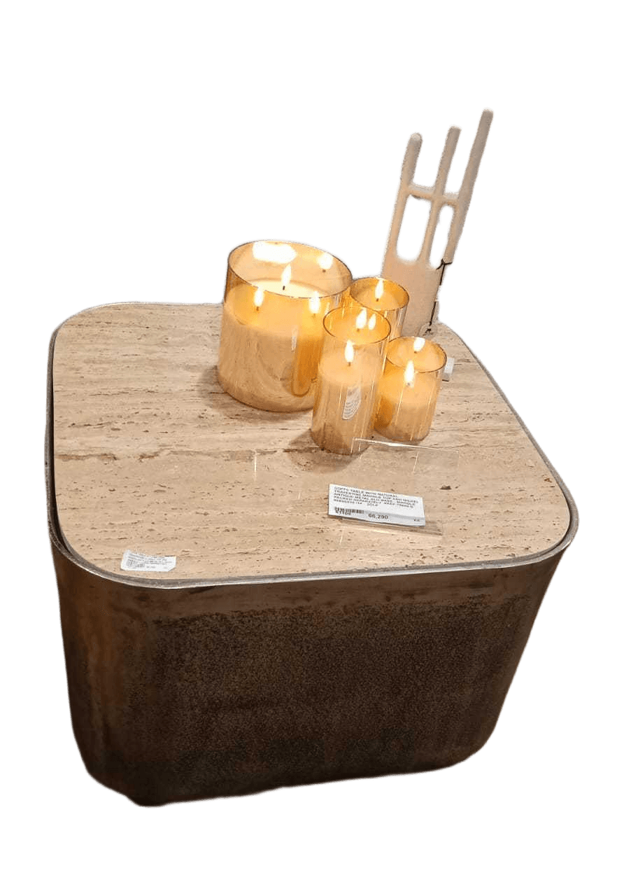 Coffe Table With Natural Travertine Marble Top And Nickel Antique Metal Alu Base - Marble Packed Separately