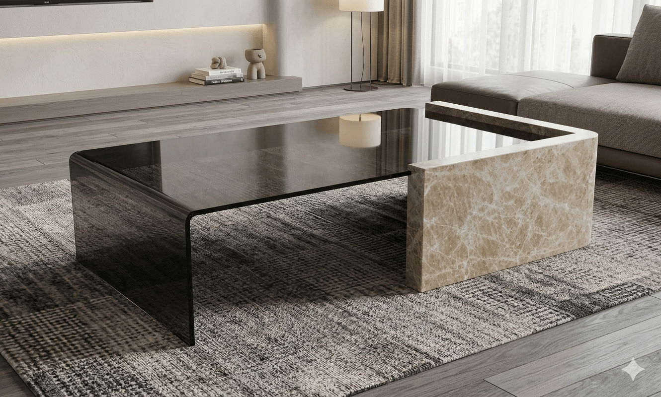 Coffee Table 12mm Glass, Marble Leg Grey Glass 130*70*32
