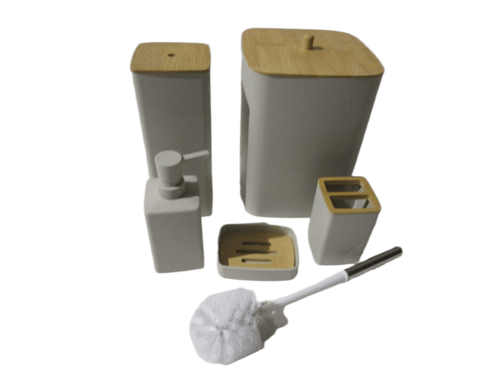 Set Of 5 Bathroom Set-Abs+bamboo Beige Bin:18.5x18.5xh26 Toilet Brush:9.5x9.5xh36 Dispenser:8.5x8.5xh17 Tooth Brush Holder:7x7xh11 Soap Holder:11.5x8.5x2.5 Black Box 00153