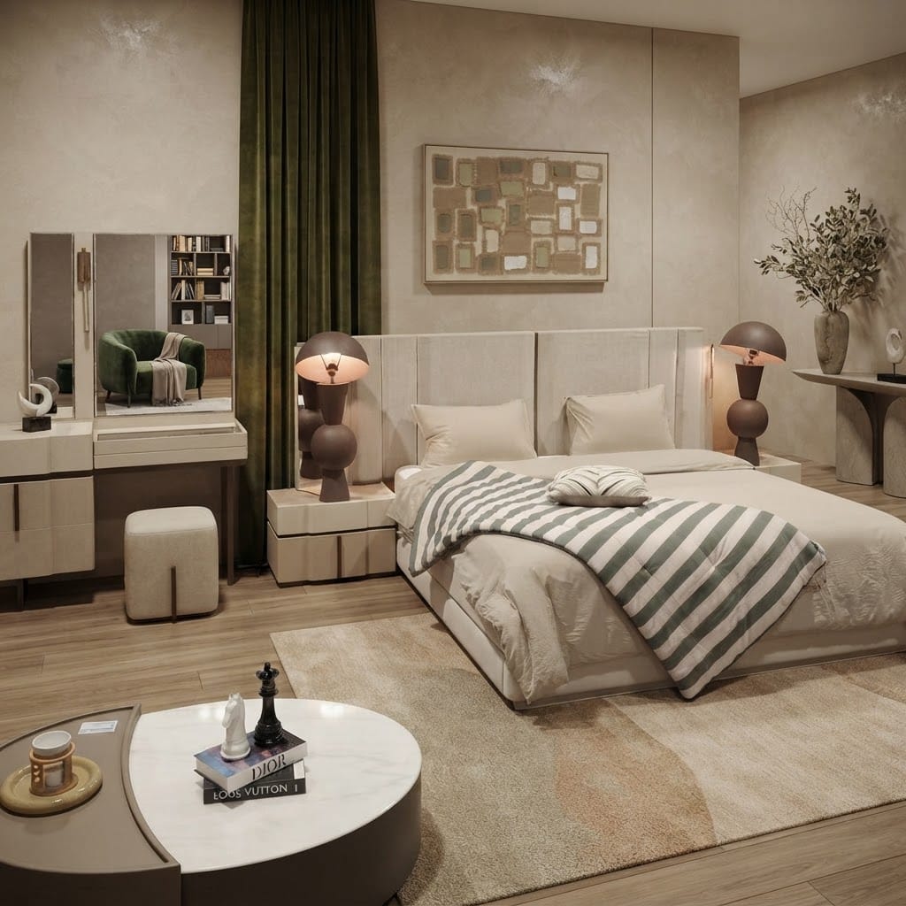 Bedroom Barcelona Set Bed With Storage And Led 2 Ns + Dresser With Mirror Color: Beige / Brown Bed: 180x200cm Ns: 65x40x45cm Dr: 120x40x174cm