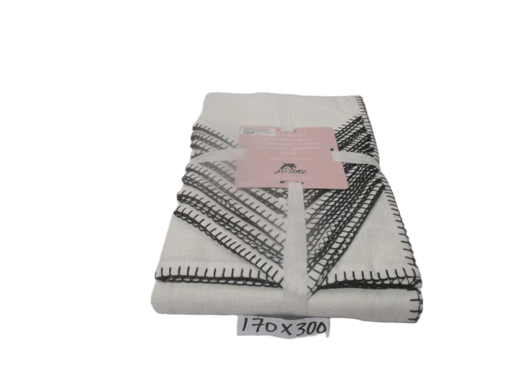 Tablecloth + 8 Napkins 100% Slub Cotton Linen Effect 240 Gsm With Blanket Stitch Border - Packing Polybag With Ribbon And Inlay Card