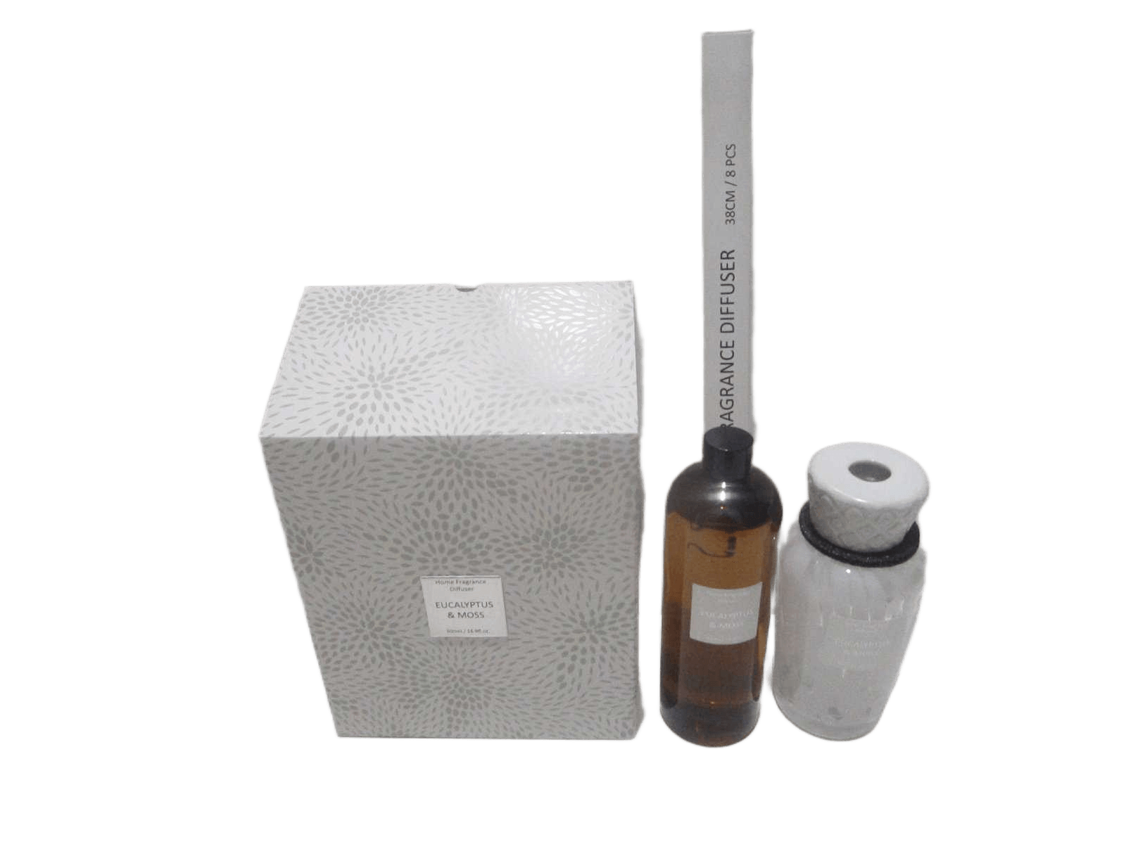 Diffuser, 15% Essence Glass Bottle W Ceramic Top , 6 Sticks Gift Box Moq: 500pcs White Design 500ml H18cm