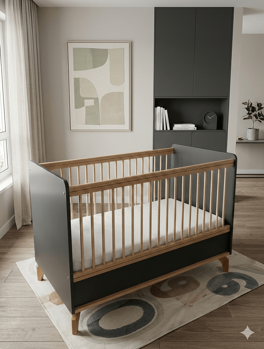 Baby Bed Dresser Loft Attached + Matress Anthracite / Walnut Bd: 80x180cm
