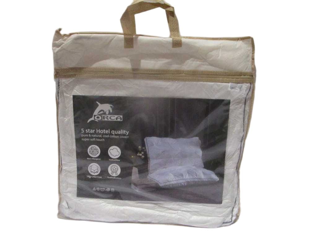 Pillow:100%cotton Pillow (Polyester 3d Hollow Fibre 1000grs) Fabric: 190fil/Cm2, 90x100 (Diam Fil : 40x40cm) 100g/M² 100% Cotton, Packing: Vacuum Handle Bag White W Double Piping Coffee Line 50x70