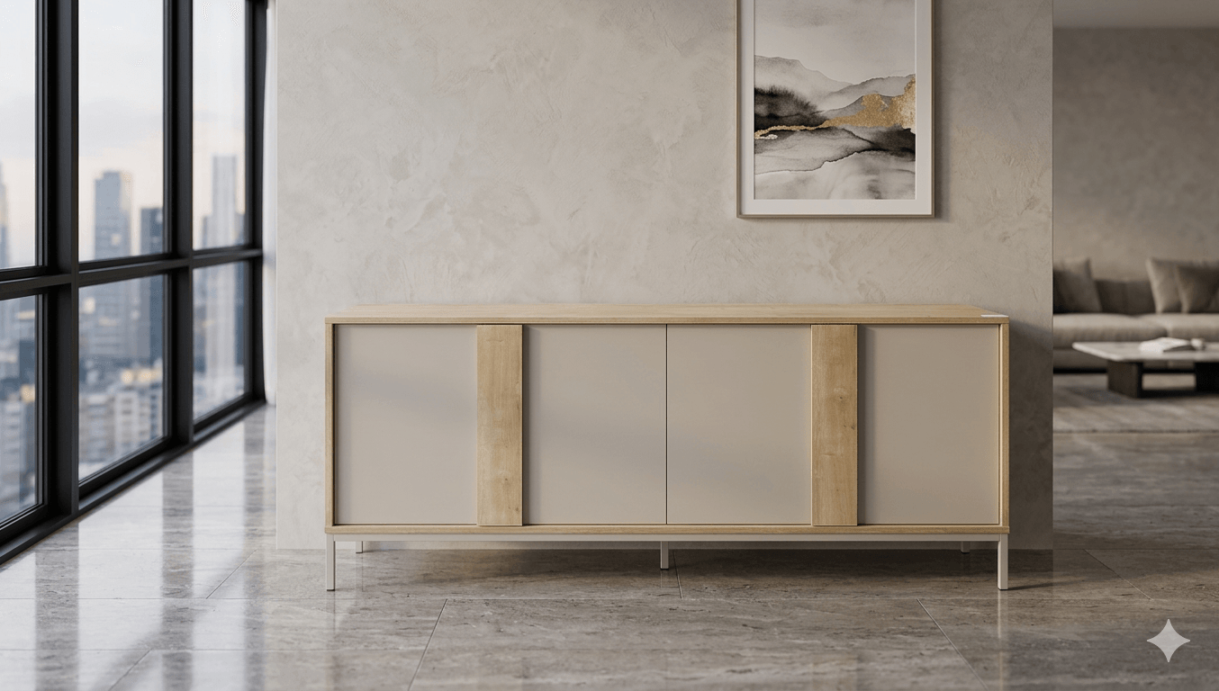 Buffet With 4 Doors And Metal Legs Kaia 17970 Melamine Color: Cream/ Balmese 180x40x80cm