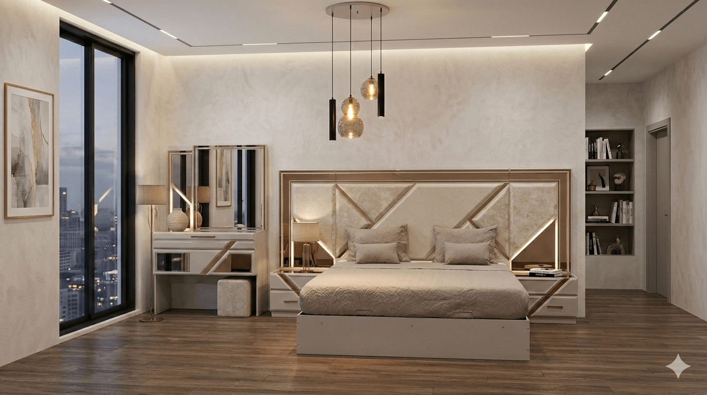 Bedroom Set Bed With 2 Ns And Dresser With Mirror And Pouf Led Light B: 180x200cm Ns: 65x39x160cm Dr: 145x43x185cm Pf: 45x35x35cm