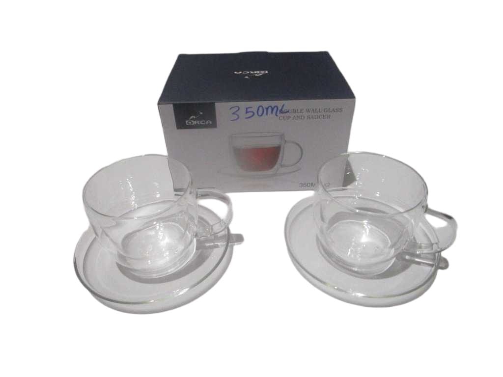 Cup Long Coffee 350cc - Set Of 2 Borosilicate - Quality Press B With Handle/Saucer D 16 Cm - Double Wall One Mold -