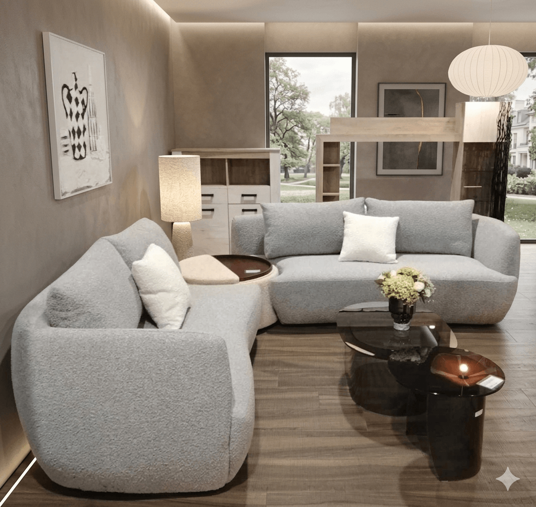 Sofa Banana Fabric Grey Pine W Round + 2 Pillow A0605290 Silk White + Wood Coffee Table A0605200 232x232x105x90