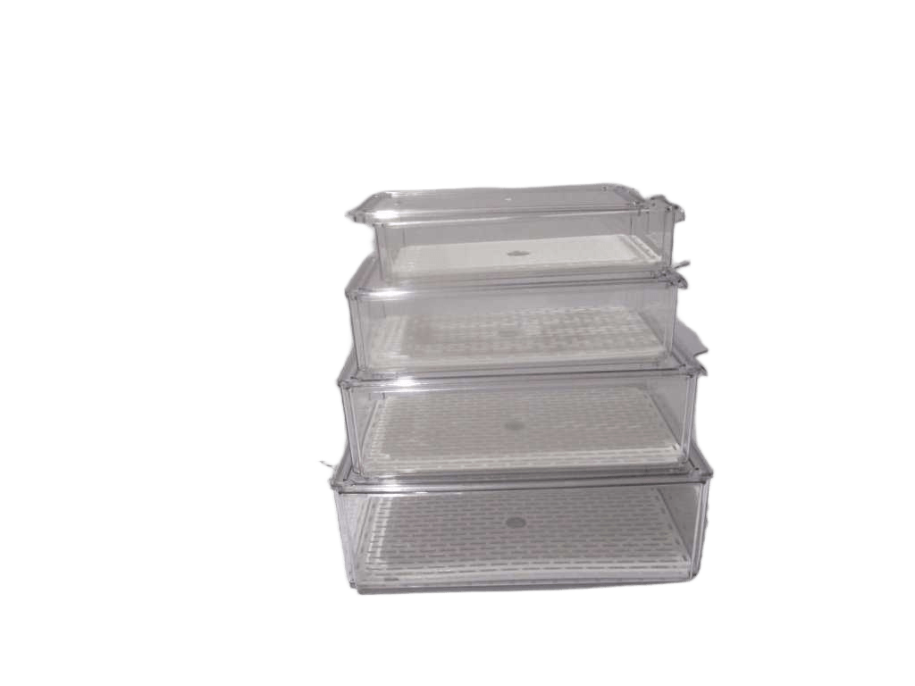 Storage Boxes Set Of 4 Clear Storage Boxes Set Of 4 - Clear Pet With White Pp Drain Plate Inside - Size Smallest 27,8x14x6cm 1,6l, Small 31x16x8cm 2,8l, Medium 34x18x10cm 4,4l, Big 37x20x12cm 6,6l - Weight 2,436 Kg