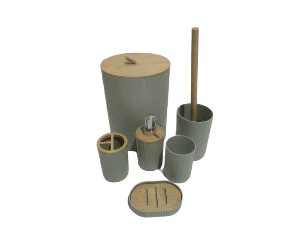 Bathroom Set Of 6 , Pp+bamboo Soap Dispenser+tumbler+tooth Brush Holder+toilet Brush+soap Dish+dust Bin Colorbox Green
