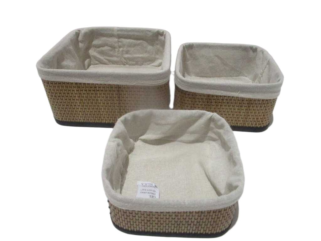 Storage Basket Set Of 3pcs Square With Interior Fabric Bamboo Opp Bag As Sample 17x8 21x10 25x12