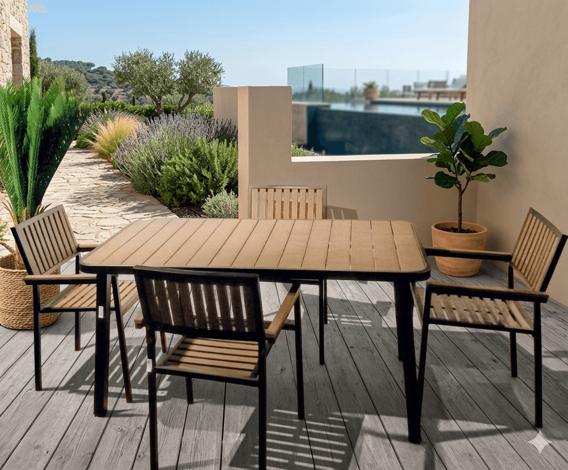 Dinning Table + 4 Armchair Grey Set Rectangular 150x85x75 Cm