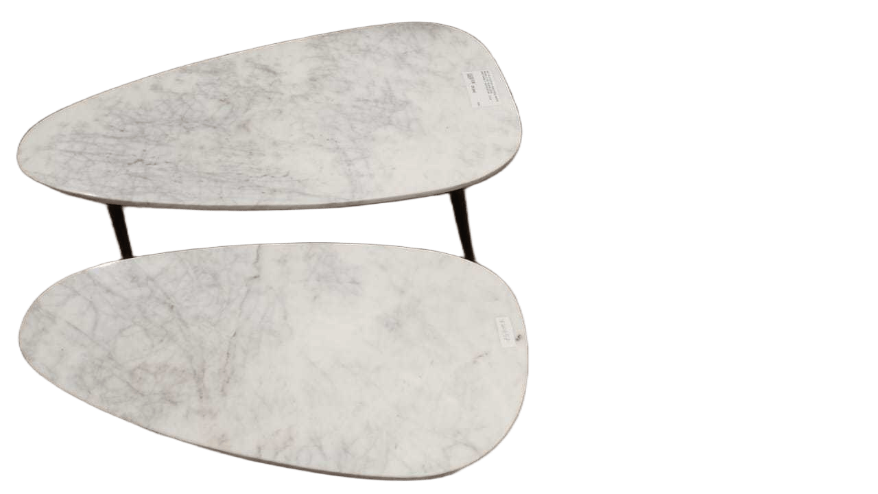 Set Of 2 Coffee Table Real White Marble Top Black Legs
