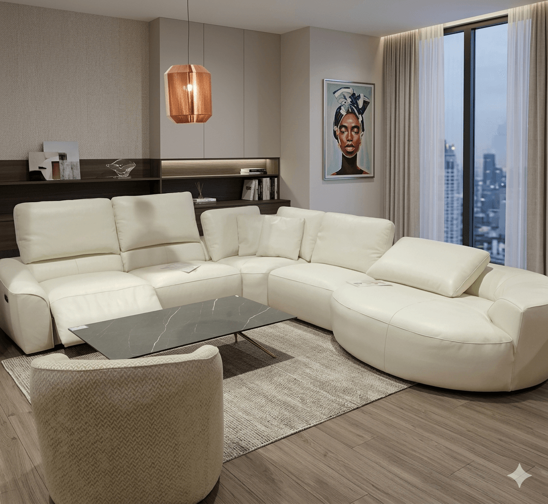 Corner Leather And Split Sofa 1 Recliner Electric 6 Manual Head Rest Nl5116 Optic White 366x321x107x90-107
