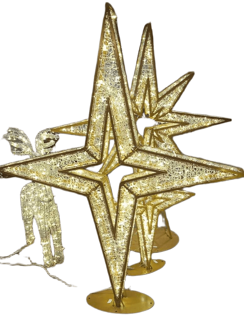 Christmas Star 3d 4 Point Size: 1.61*0.15*2m,alu Frame ,gold Painting ,with Transparent Pvc Net, With 24v 414 Warm White Led And With Flash Led With Switch Power And Power Cord With Base