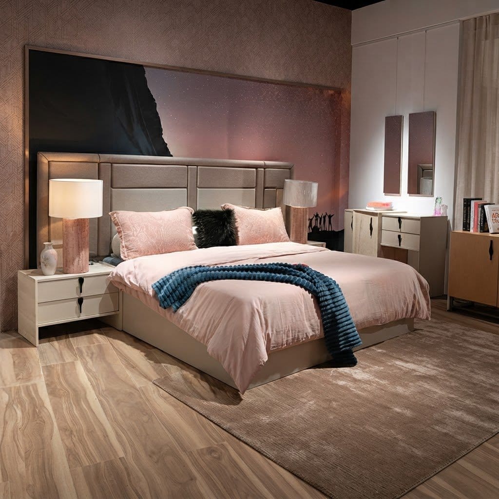 Bedroom Ilkin Set Full Fabric Bed 2 Nightstands + Dresser With Mirror Travertino Effect / Full Beige Melamine Painted Bd: 180x200cm Ns: 55x40x44cm Dr: 120x40x80cm Mr: 80x95cm