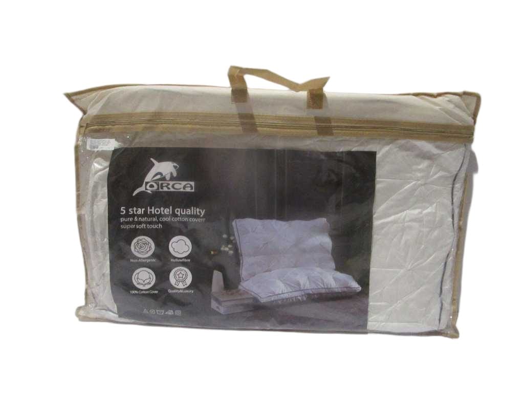 Pillow:100%cotton Pillow (Polyester 3d Hollow Fibre 1000grs) Fabric: 190fil/Cm2, 90x100 (Diam Fil : 40x40cm) 100g/M² 100% Cotton, Packing: Vacuum Handle Bag White W Double Piping Coffee Line 60x60