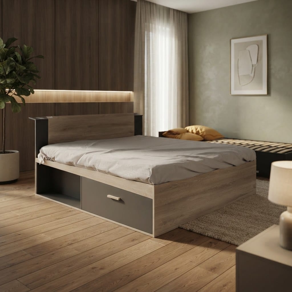 Bed 140x200 2 Drawers+2 Recesses
