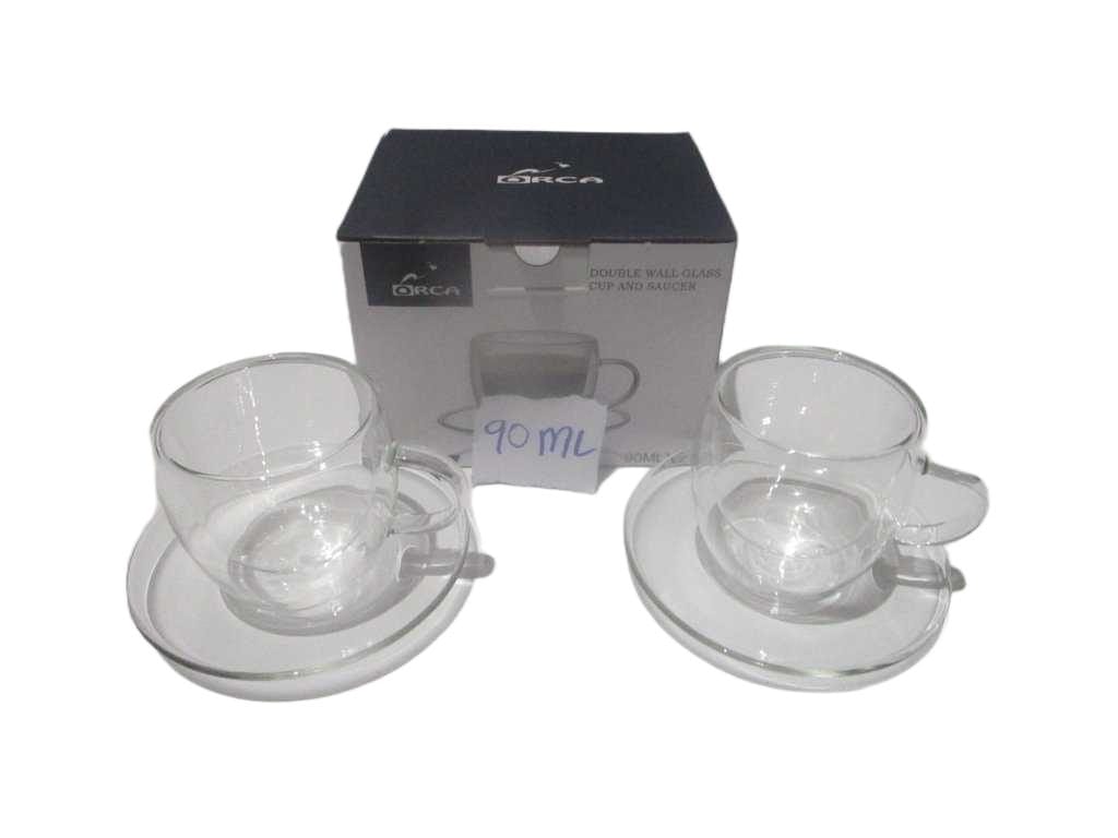 Cup Coffee 90cc - Set Of 2 Borosilicate - Quality Press B With Handle/Saucer D 11 Cm - Double Wall One Mold -