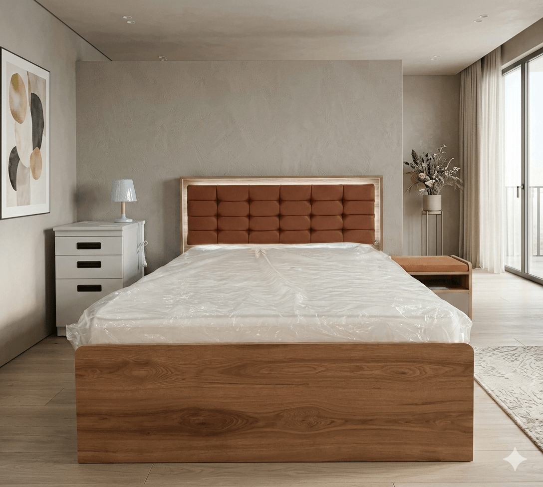 Bed Atlas + Nightstand Wallnut / Grey / Amber Bed: 120x200cm Ns: 45x46x40cm