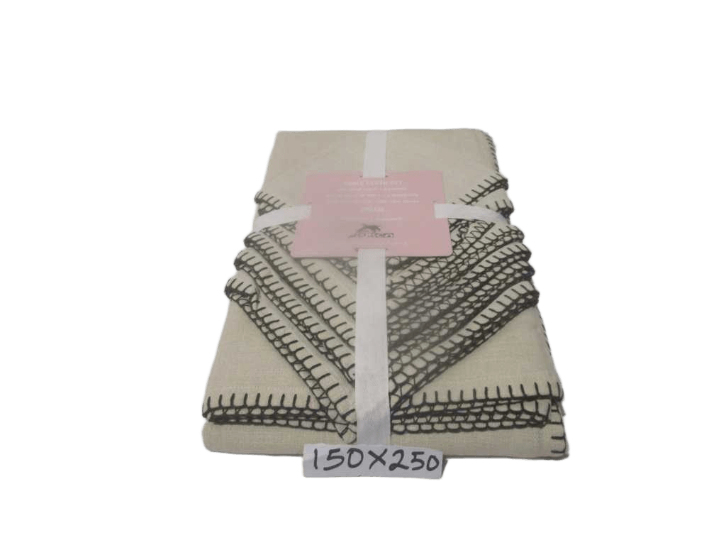 Tablecloth + 6 Napkins 100% Slub Cotton Linen Effect 240 Gsm With Blanket Stitch Border - Packing Polybag With Ribbon And Inlay Card