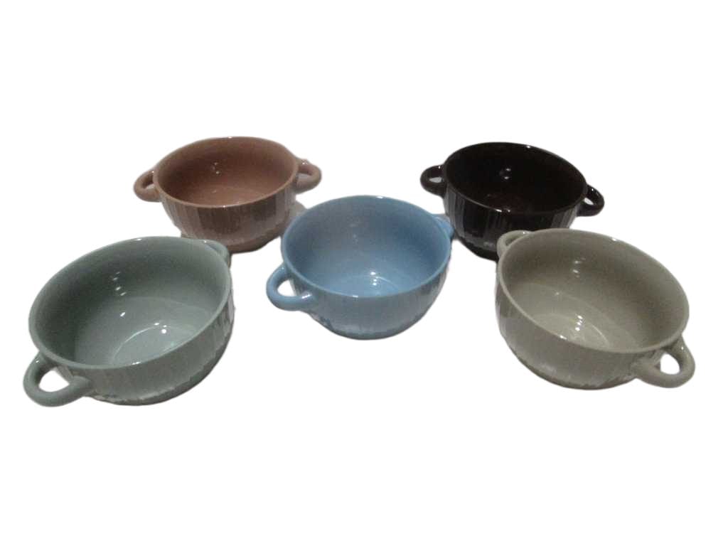 Bowl With 2 Handles Stoneware Stock Qty: 32000pcs 6 Color Ass Blue Purple Green Pink Taupe Brown 14.5x8.3cm