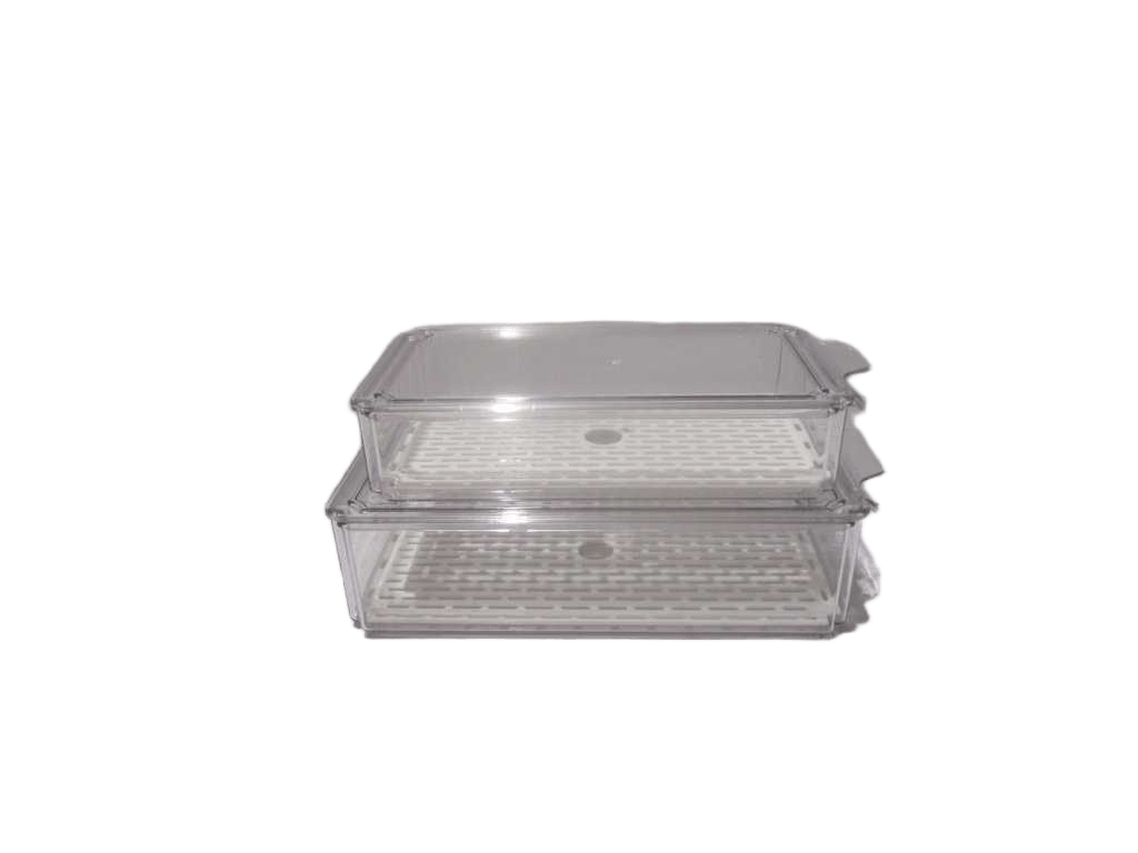 Storage Boxes Set Of 2 Clear Storage Boxes Set Of 2 - Clear Pet With White Pp Drain Plate Inside - Size Small 27,8x 14x6cm 1,6l + Size Medium 31x16x8cm 2,8l - Weight 850g