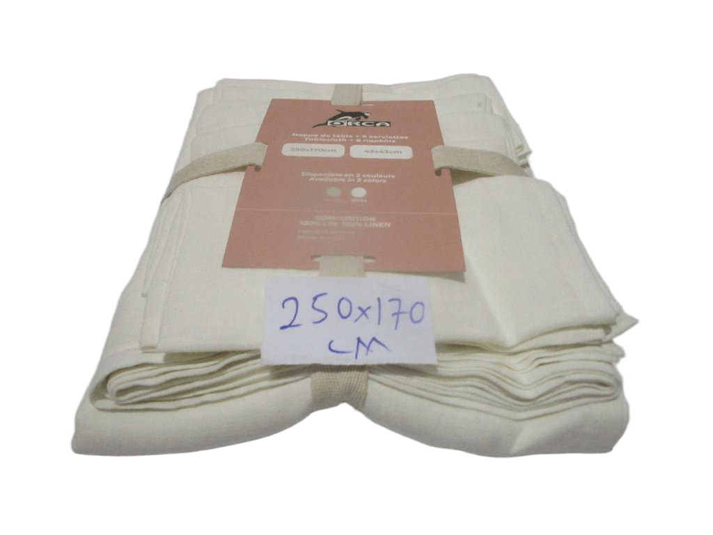 Table Cloth Set With 6 Napkins 43x43 100% Linen 200 Gsm End Hem Finish Garment Wash Polybag With Bottons Ribbon And Insert Card