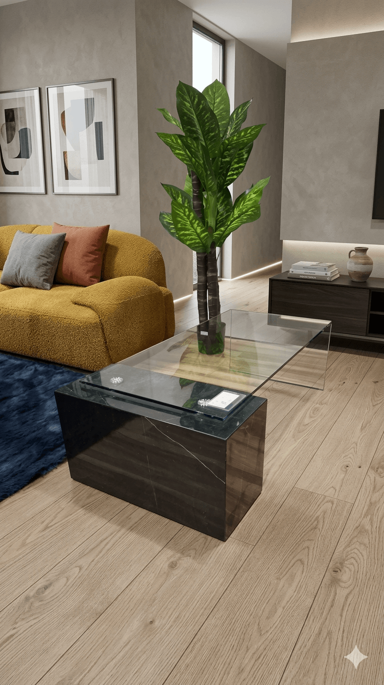 Coffee Table 12mm Tempered Clear Glass+marble Leg
