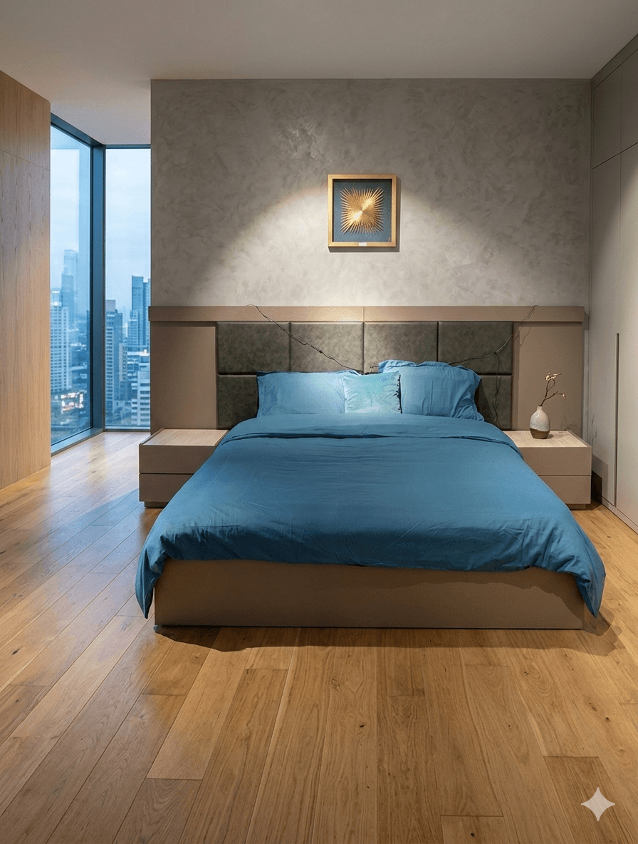 Hande Bedroom Set Full Fabric Bed 2 Nightstands + Dresser With Mirror And Side Glass Module Trabertino Effect / Full Grey Melamine Painted Bd: 180x200cm Ns: 70x50x40cm D: 150x50x170cm Mr: Diam 80cm