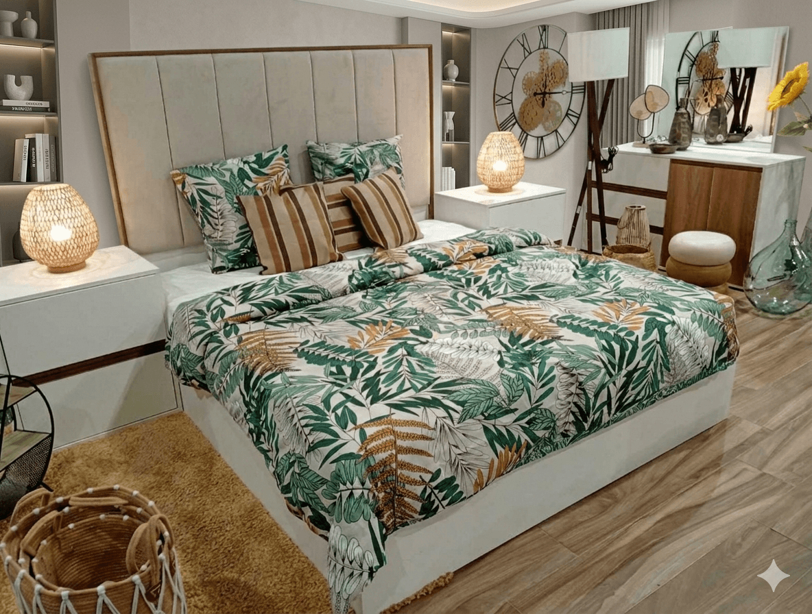 Bedroom Set Lotus Fabric Headstead Light Beige 2 Nightstands + Dresser With Mirror All Melamine Body Color: Light Beige / White / Walnut Bed: 180x200cm Ns: 65x51x71cm D: 138x51x82cm M: 68x90cm