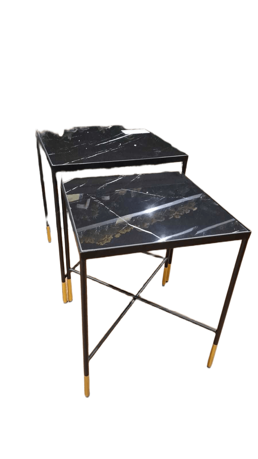 Side Table Set Of 2 Square Ceramic Top 9mm Iron Feet Black W Gold Deco Top Black Ceramic 40*40*50 45*45*55