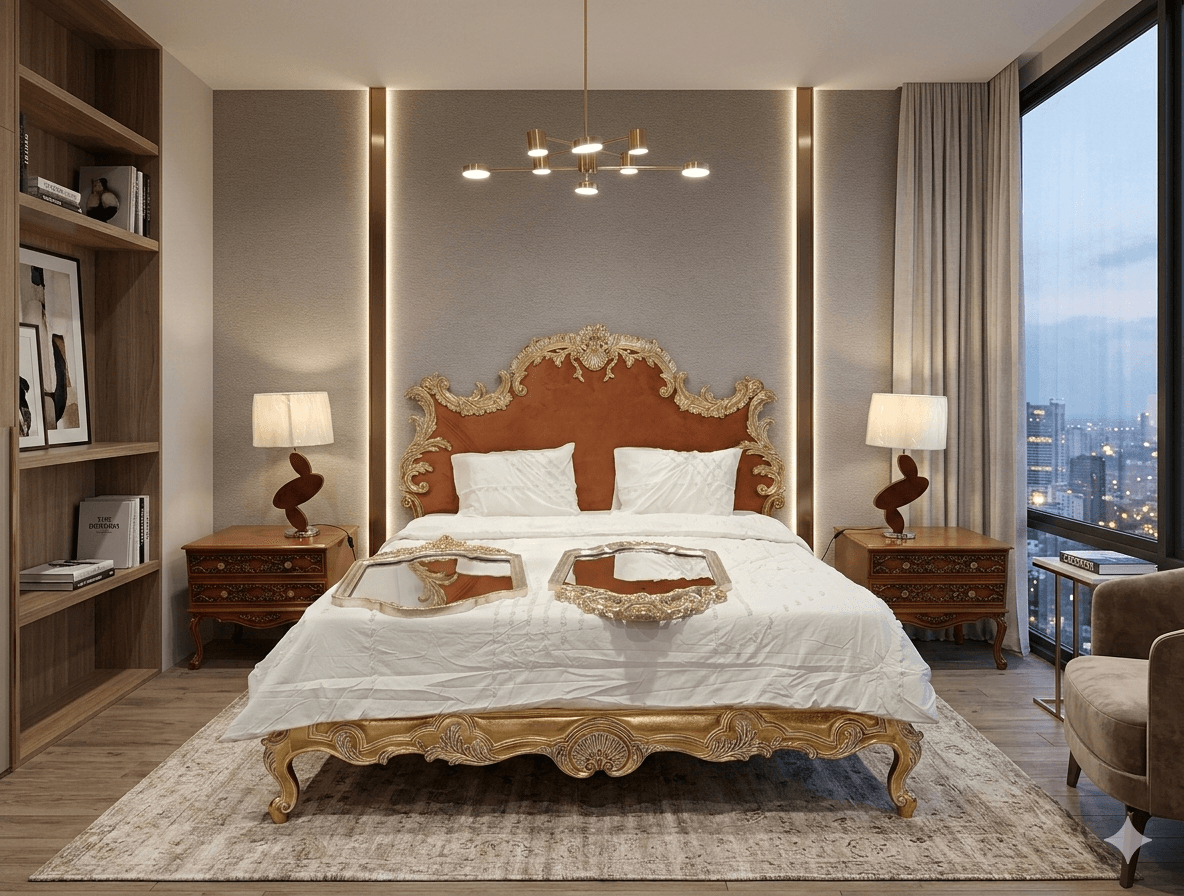 Bedroom Kas Set Bed With 2 Night Stand + Dresser With Mirror And Pouf (Jelatine Home Life Gold) Orange / Gold B: 200x200cm Ns: 75x60x65cm D: 180x60x75cm M: 150x120cm