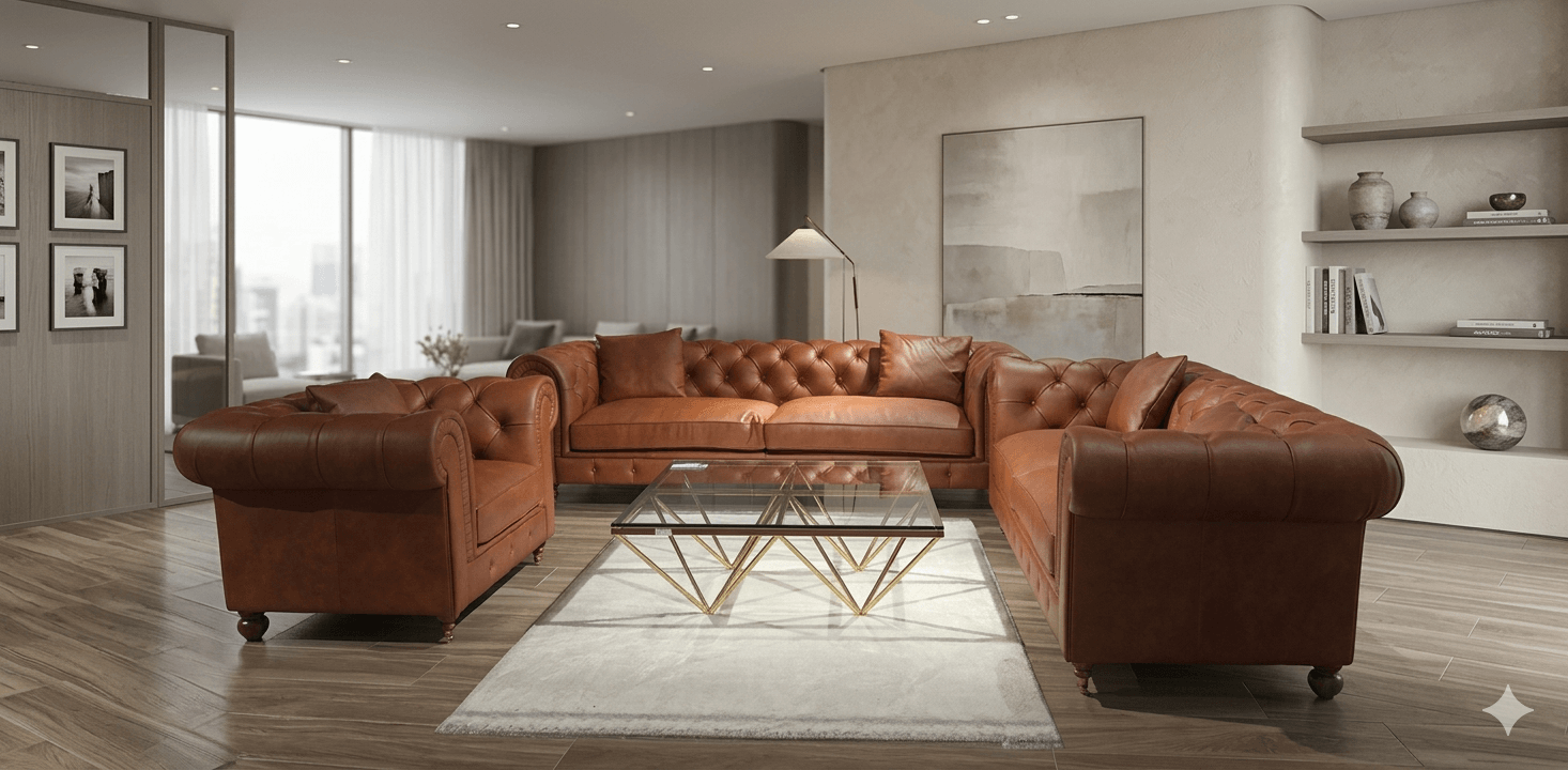 Sofa Set Bristol Chester 4+3+1 + 5 Cushions Same As Body Wood Legs / Roller Front 4s - 265x97x80cm 3s - 225x97x80cm 1s - 128x97x80cm Grain Leather Granada Savannah