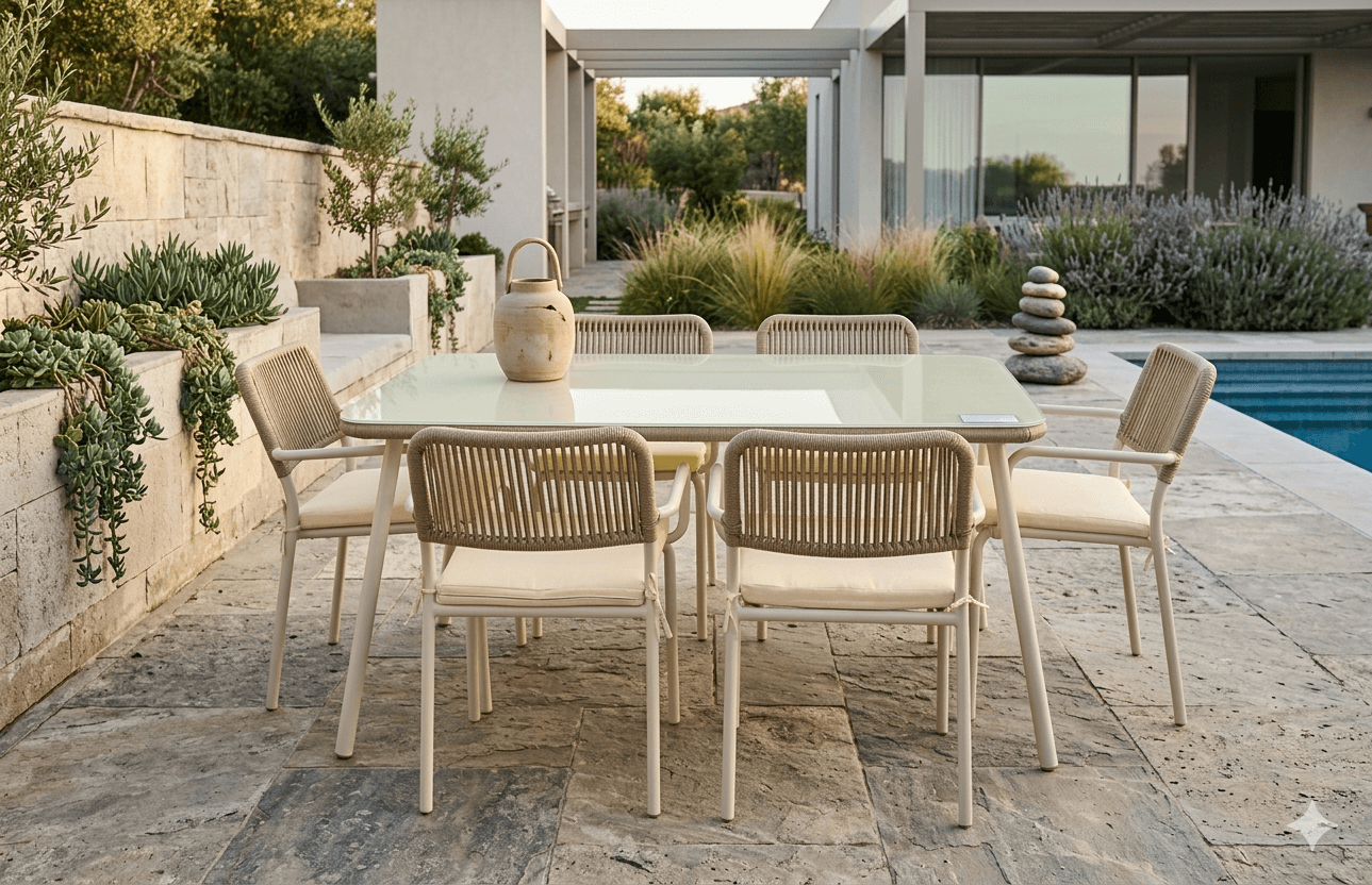 Table+6 Chairs With Seat Pad(3cm Thickness, 180g/M² Water Proof) Taupe Line Cussion: Cream 11-0604 Table:160x90x74.5 Chair:55x60x79
