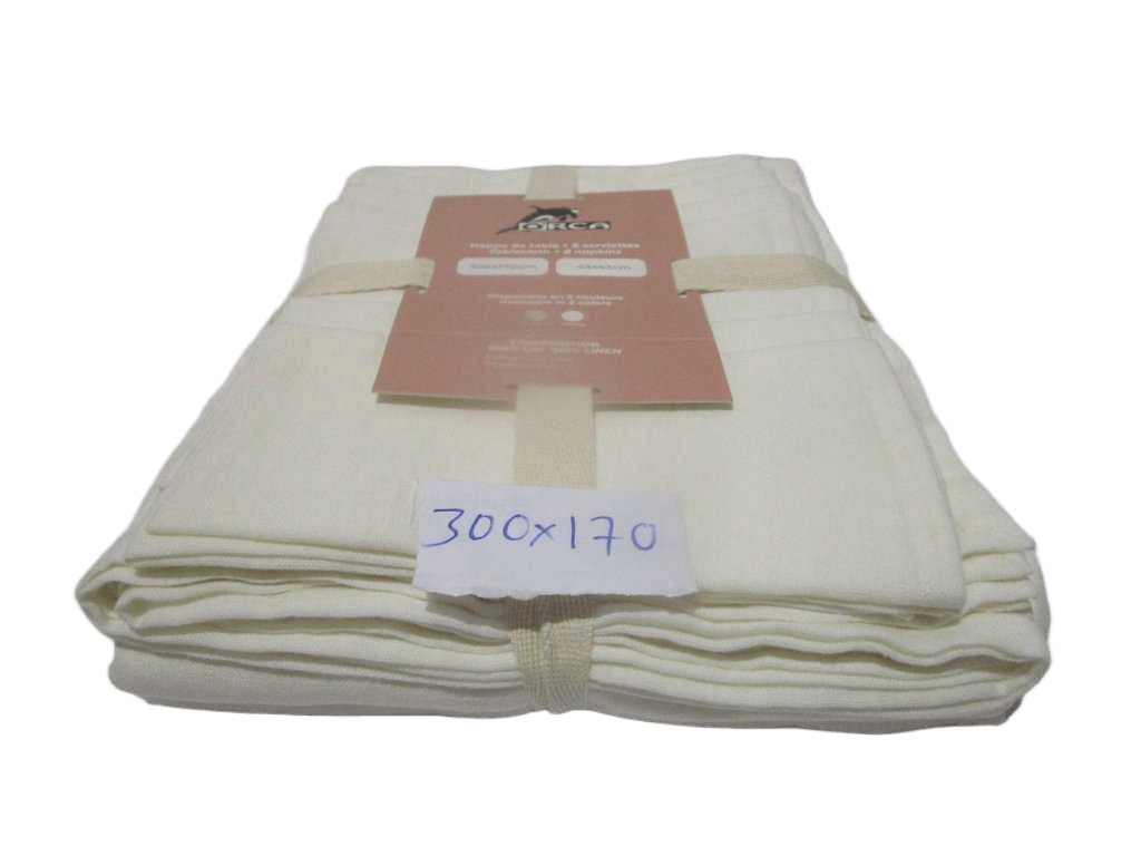 Table Cloth Set With 8 Napkins 43x43 100% Linen 200 Gsm End Hem Finish Garment Wash Polybag With Bottons Ribbon And Insert Card