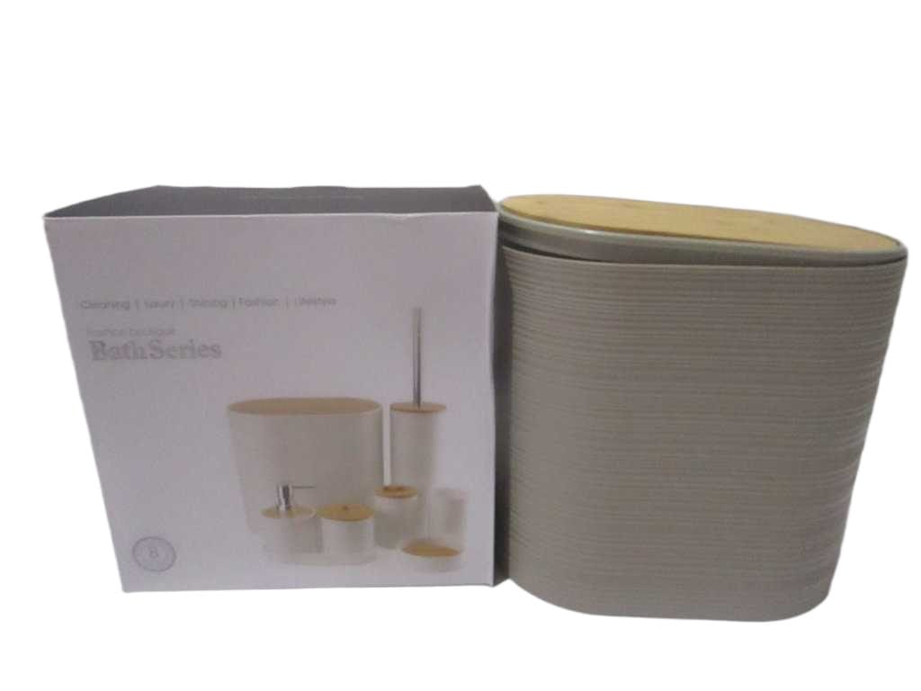 Bath Series Set Of 8 ,pp+bamboo Trash Can+toilet Brush+gargle Cup+toothbrush Holder+soap Dispenser+cotton Swab Jar+soap Dish+tray Color Box Taupe