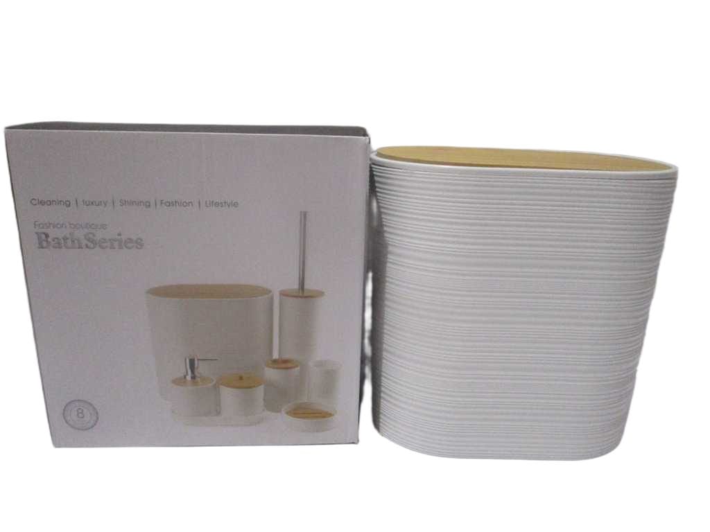 Bath Series Set Of 8 ,pp+bamboo Trash Can+toilet Brush+gargle Cup+toothbrush Holder+soap Dispenser+cotton Swab Jar+soap Dish+tray Color Box White