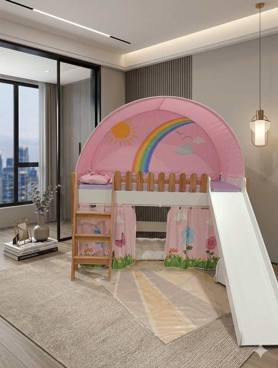 Kids Bed My House Play House Double + Slide + Star Curtins + Bed Sheet + Soft Toys (4pcs) + Curtains + Stairs Pink / White / Walnut 90x200cm