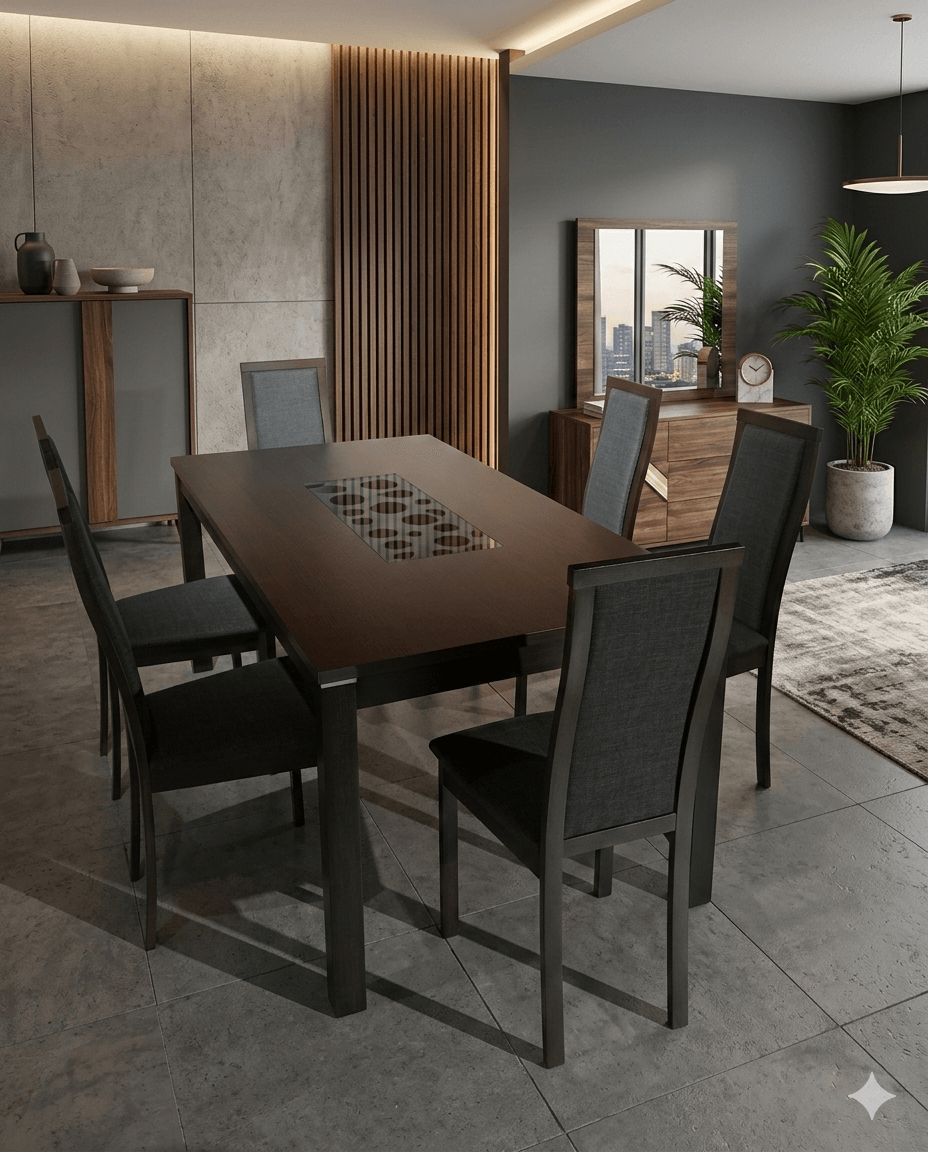 Dining Table + 6*chairs Beech Solid Wood, Black Tempered Glass In Middle Wood: Burn Beech Fabric: Expresso-Xd12236 T: 1800*900*745 C: 450*535*1000