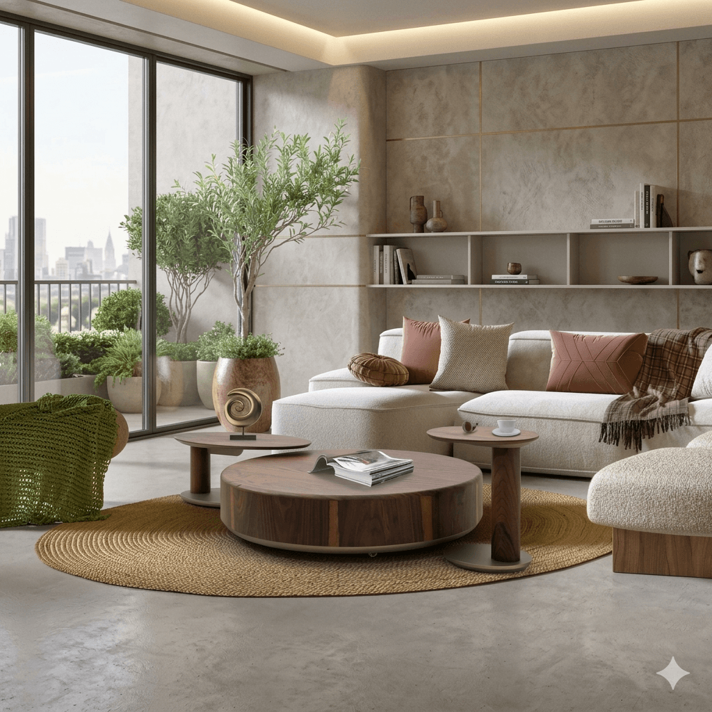 Table Set Mdf Veneered Walnut 120x120x30cm 85x50x35cm