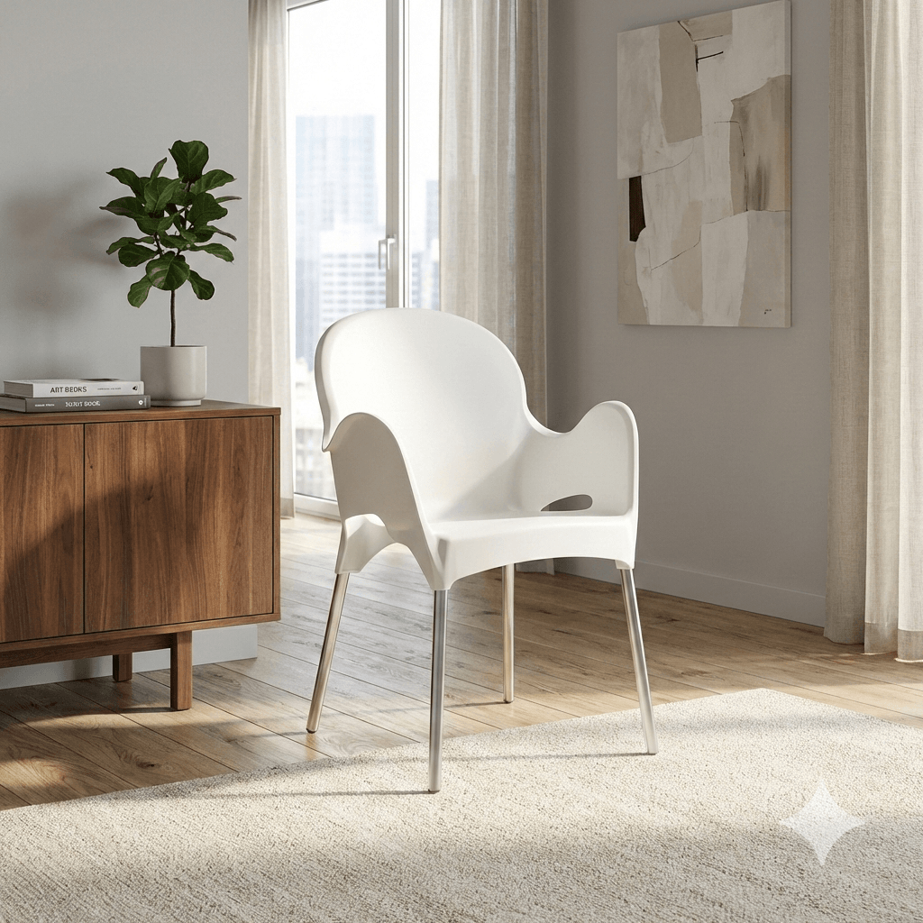 Chair Atena - Stackable Armchair With Aluminium Legs - White Plastic - Pallet Qty: 16 (4pcs Per Carton)